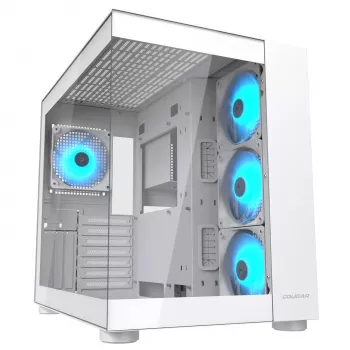 PC-Midi-Tower-kotelo Cougar FV150 ARGB valkoinen — ATX/Micro-ATX/Mini-ITX, 3x120mm edessä, 1x120mm takana, 2x3,5 tuuman + 2x2,5 tuuman paikat, USB 3.2 Gen1