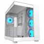 PC-Midi-Tower-kotelo Cougar FV150 ARGB valkoinen — ATX/Micro-ATX/Mini-ITX, 3x120mm edessä, 1x120mm takana, 2x3,5 tuuman + 2x2,5 tuuman paikat, USB 3.2 Gen1