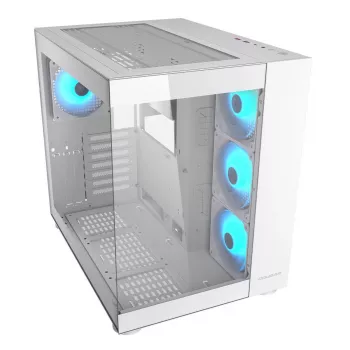 PC-Midi-Tower-kotelo Cougar FV150 ARGB valkoinen — ATX/Micro-ATX/Mini-ITX, 3x120mm edessä, 1x120mm takana, 2x3,5 tuuman + 2x2,5 tuuman paikat, USB 3.2 Gen1