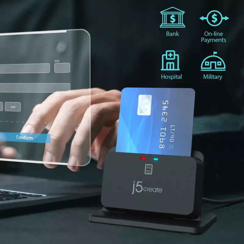 j5create JUR261 USB™ Smart Card / CAC -lukijan teline, USB Type-A/USB Type-C, musta, 95 g