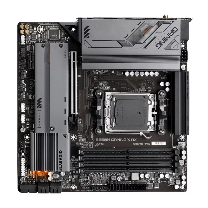 Emolevy GIGABYTE B650M GAMING X AX — AMD B650, Socket AM5, Micro ATX, DDR5, 4 DIMM, 2x M.2, Wi‑Fi 6E, 2.5GbE