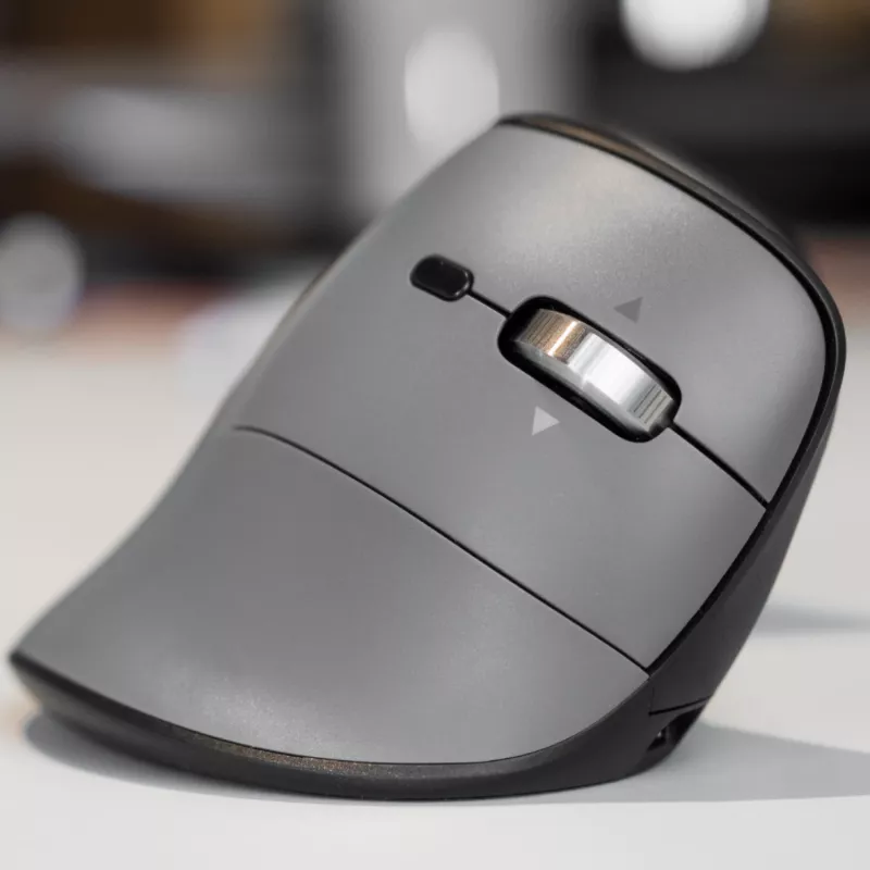 BakkerElkhuizen FastForward Pro hiiri, oikeakätinen, pystysuunnittelu, optinen, RF Wireless + Bluetooth + USB Type-C, 5000 DPI, musta, harmaa
