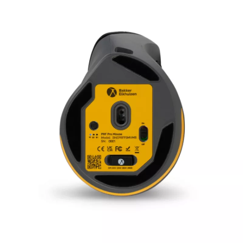 BakkerElkhuizen PRF Pro hiiri oikea, oikeakätinen, pystysuunnittelu, optinen, RF langaton + Bluetooth + USB Type-C, 2400 DPI, musta, harmaa