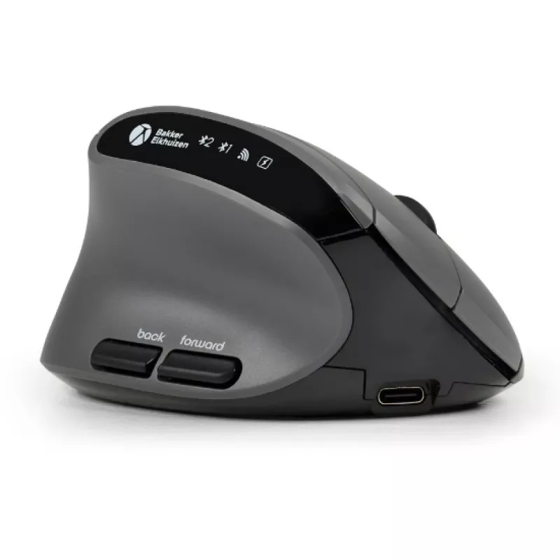 BakkerElkhuizen MidWay hiiri vasen, vasenkätinen, pystysuunnittelu, optinen, RF langaton + Bluetooth + USB Type-C, 2400 DPI, harmaa, musta