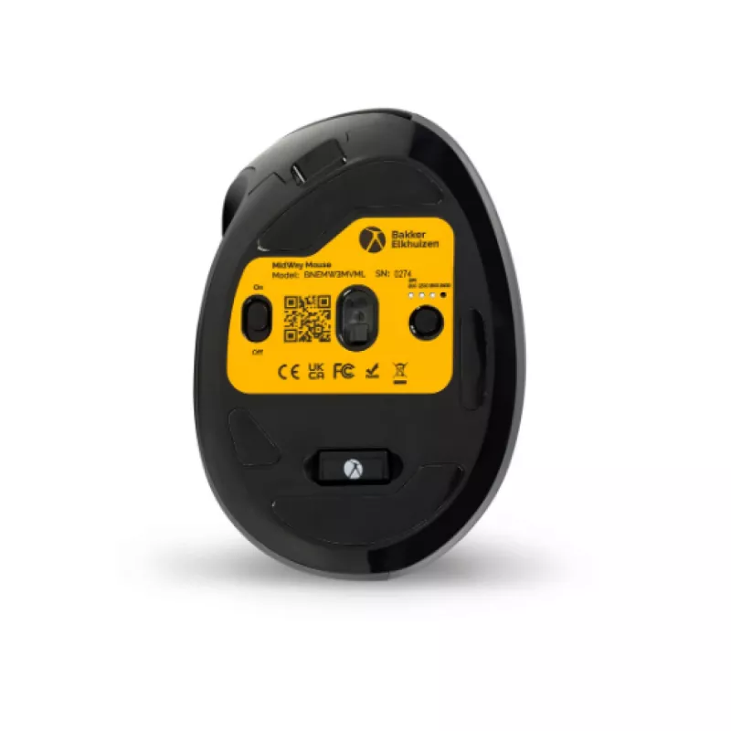 BakkerElkhuizen MidWay hiiri vasen, vasenkätinen, pystysuunnittelu, optinen, RF langaton + Bluetooth + USB Type-C, 2400 DPI, harmaa, musta