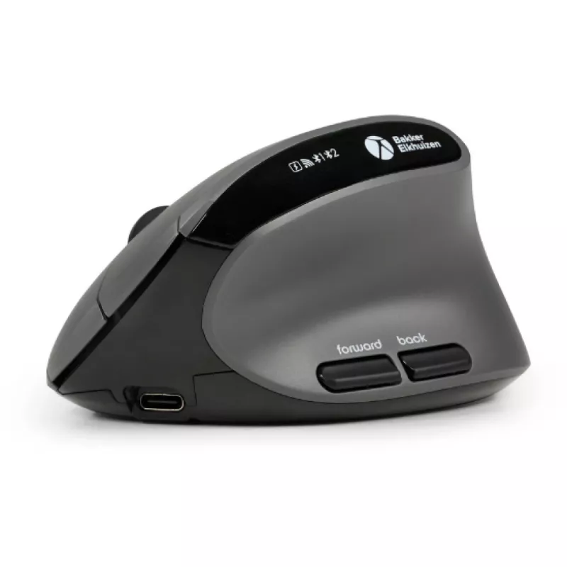 BakkerElkhuizen MidWay hiiri oikea, oikeakätinen, pystysuunnittelu, optinen, RF langaton + Bluetooth + USB Type-C, 2400 DPI, harmaa, musta