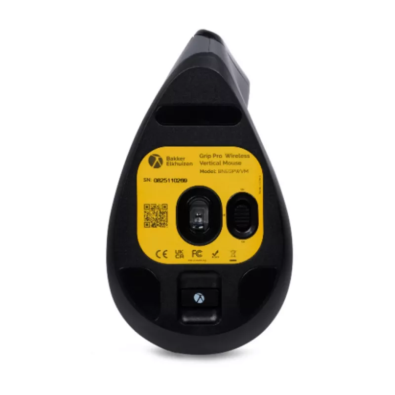 BakkerElkhuizen Grip Pro hiiri, oikeakätisille, pystysuunnittelu, optinen, RF langaton, 2400 DPI, harmaa, musta, keltainen
