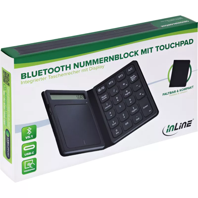 InLine 55379G Bluetooth-numeronäppäimistö kosketuslevyllä ja näytöllä, taitettava, musta