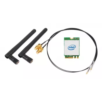 SHUTTLE WLN-M22 WLAN-sarja — Intel AX210 M.2 Wi‑Fi 6E (triband 2.4/5/6 GHz) Bluetooth 5.2:lla ja 2x2 ulkoisilla antenneilla