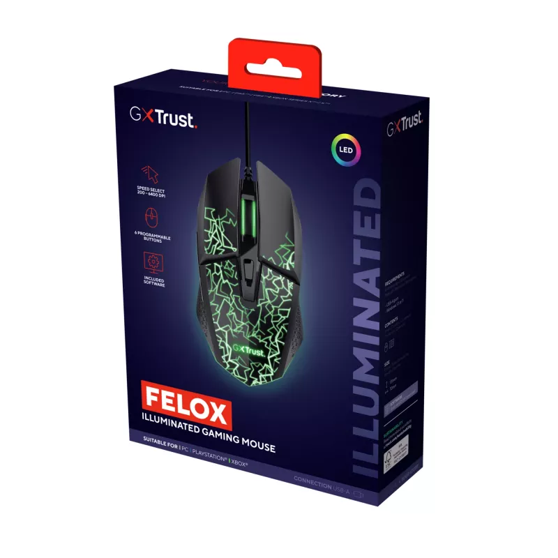 Trust GXT 113 Felox -hiiri pelikäyttöön oikeakätinen USB Type-A optinen 6400 DPI