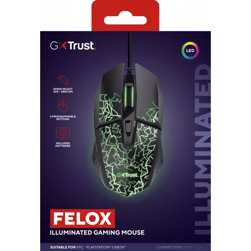 Trust GXT 113 Felox -hiiri pelikäyttöön oikeakätinen USB Type-A optinen 6400 DPI