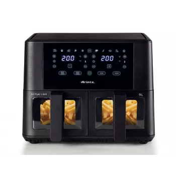 Ariete 4631 Double kuumailmafriteerauskeitin 9L, 2400W, kokonaiskapasiteetti 9L, 11 ohjelmaa, monitoiminen, jopa 3,6 kg friteerattuja ruokia, lämpötila jopa 200°C, kaksoiskori, musta