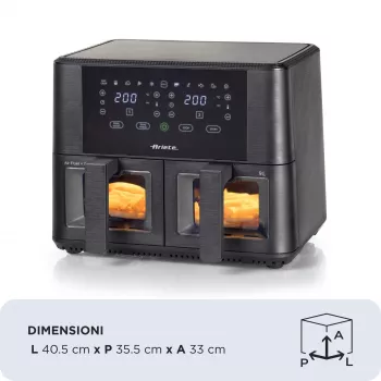 Ariete 4631 Double kuumailmafriteerauskeitin 9L, 2400W, kokonaiskapasiteetti 9L, 11 ohjelmaa, monitoiminen, jopa 3,6 kg friteerattuja ruokia, lämpötila jopa 200°C, kaksoiskori, musta