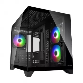Mini Tower -tietokonekotelo Cougar FV150 ARGB — musta, tukee 2x120/140 mm sivutuulettimia, 1x120 mm takana, HDD 2,5