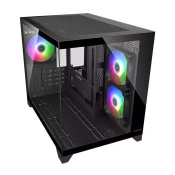 Mini Tower -tietokonekotelo Cougar FV150 ARGB — musta, tukee 2x120/140 mm sivutuulettimia, 1x120 mm takana, HDD 2,5