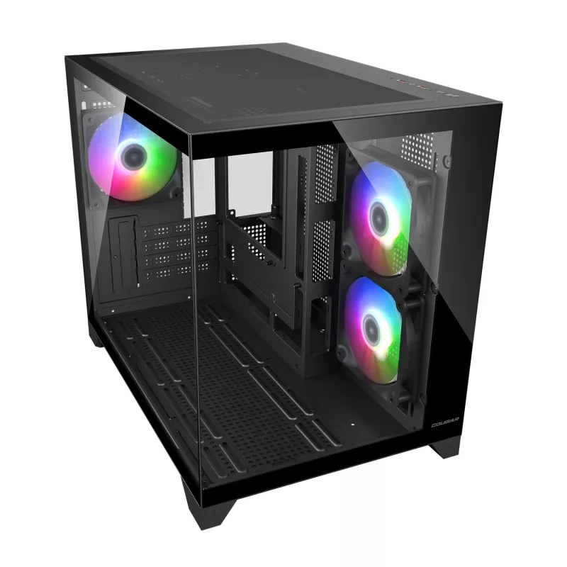 Mini Tower -tietokonekotelo Cougar FV150 ARGB — musta, tukee 2x120/140 mm sivutuulettimia, 1x120 mm takana, HDD 2,5