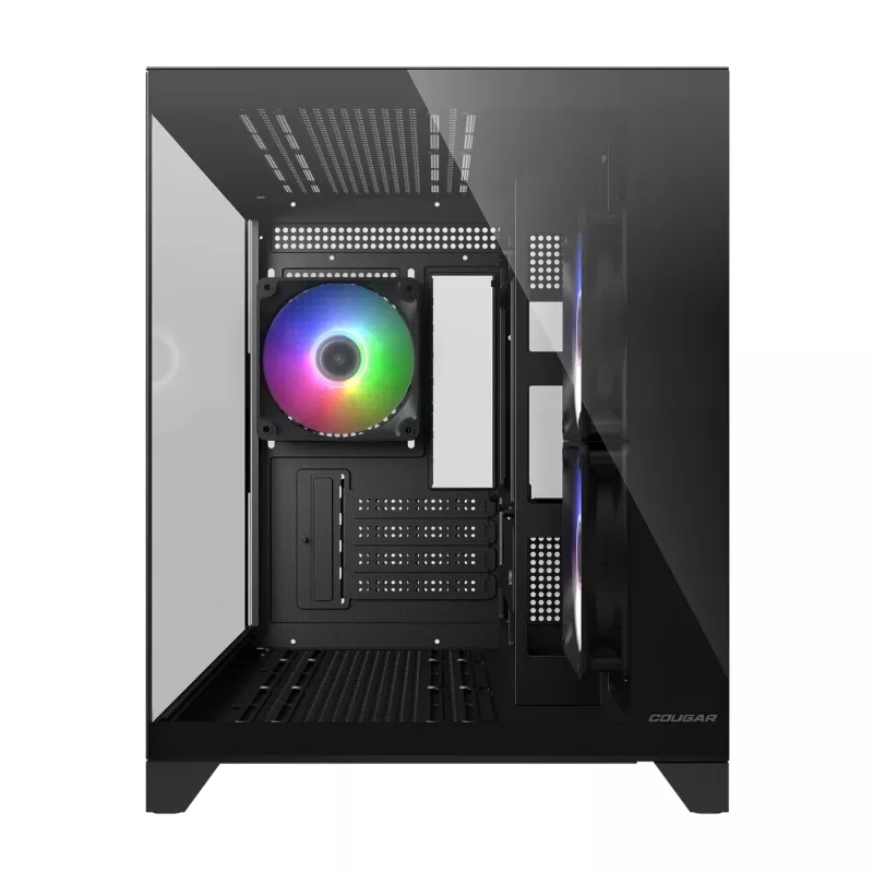 Mini Tower -tietokonekotelo Cougar FV150 ARGB — musta, tukee 2x120/140 mm sivutuulettimia, 1x120 mm takana, HDD 2,5