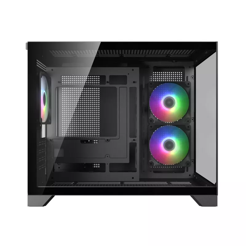Mini Tower -tietokonekotelo Cougar FV150 ARGB — musta, tukee 2x120/140 mm sivutuulettimia, 1x120 mm takana, HDD 2,5
