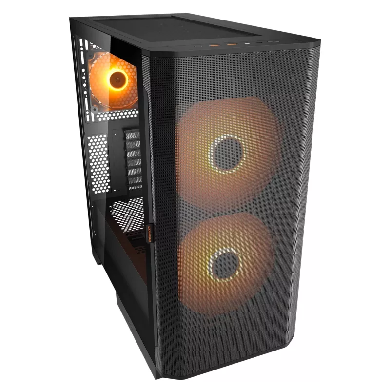 PC Midi Tower -kotelo Cougar Airface FLO ARGB, musta — tukee 2x 180 mm edessä, 1x 120 mm takana, 2,5