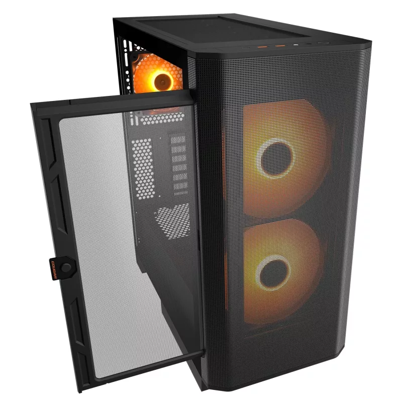 PC Midi Tower -kotelo Cougar Airface FLO ARGB, musta — tukee 2x 180 mm edessä, 1x 120 mm takana, 2,5