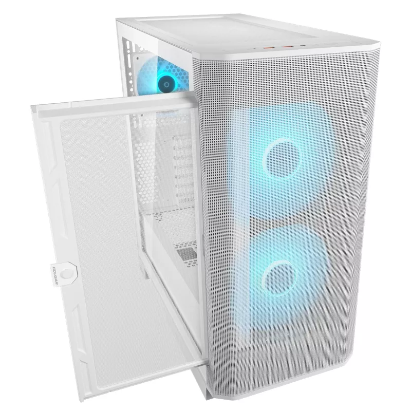 COUGAR PC Midi Tower -kotelo Airface FLO ARGB valkoinen — 2x180 mm edessä, 1x120 mm takana, tukee 2,5