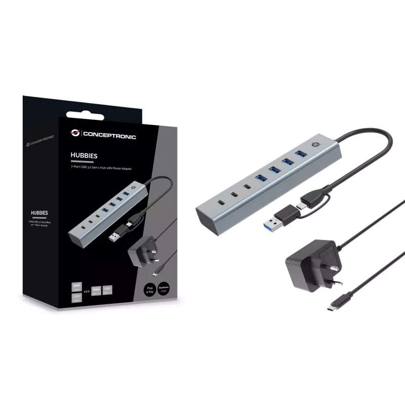 Conceptronic HUBBIES20GP 7-porttinen USB 3.0 -keskitin virtalähteellä, 5Gbps, USB-C x 3, USB-A x 4