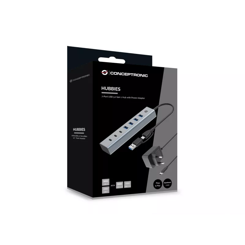 Conceptronic HUBBIES20GP 7-porttinen USB 3.0 -keskitin virtalähteellä, 5Gbps, USB-C x 3, USB-A x 4