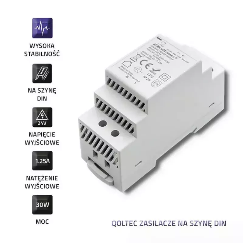 DIN-kiskovirtalähde QOLTEC 30W 24V 1,25A harmaa