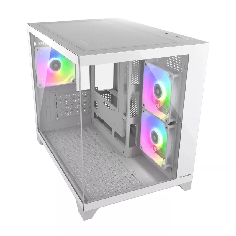 Mini Tower PC-kotelo Cougar FV150 ARGB valkoinen — Micro-ATX / Mini-ITX, sivulasiseinä, 2x120mm + 1x120mm tuulettimet, 2,5 tuuman & 3,5 tuuman paikat