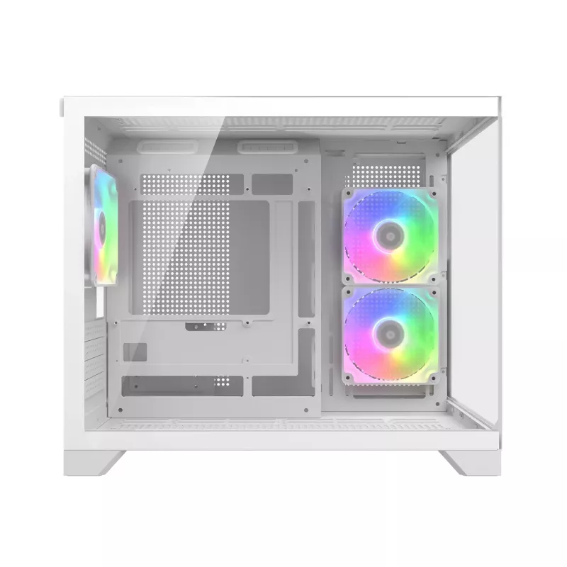 Mini Tower PC-kotelo Cougar FV150 ARGB valkoinen — Micro-ATX / Mini-ITX, sivulasiseinä, 2x120mm + 1x120mm tuulettimet, 2,5 tuuman & 3,5 tuuman paikat