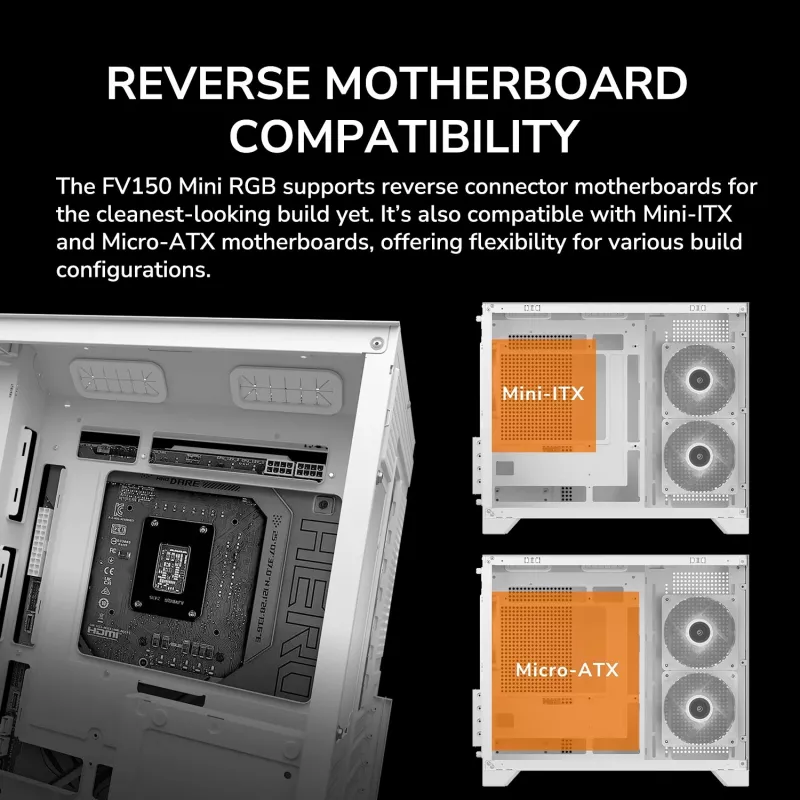 Mini Tower PC-kotelo Cougar FV150 ARGB valkoinen — Micro-ATX / Mini-ITX, sivulasiseinä, 2x120mm + 1x120mm tuulettimet, 2,5 tuuman & 3,5 tuuman paikat