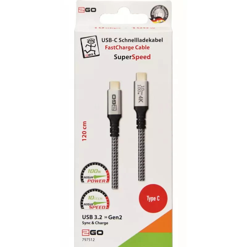USB-kaapeli 2GO 797512 USB 3.2 Gen 2 1,2 m USB C musta hopea