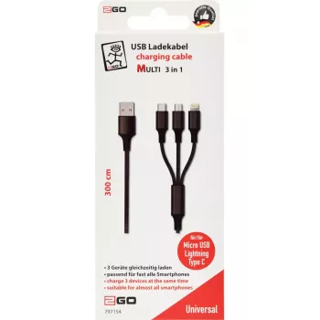 USB-kaapeli 2GO 797154 3m USB B USB C/Micro-USB B/Lightning musta