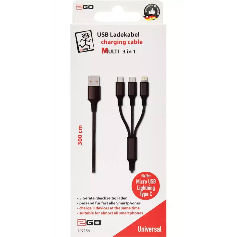 USB-kaapeli 2GO 797154 3m USB B USB C/Micro-USB B/Lightning musta