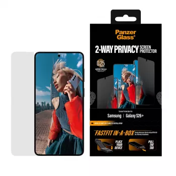 Näytönsuojakalvo PanzerGlass 2-suuntainen tietosuoja Samsung New Galaxy S 2026 Plus — ultraleveä PET-kalvo FASTFIT-toiminnolla