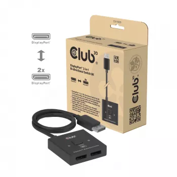 DisplayPort 2-in-1 kaksisuuntainen kytkin CLUB3D CSV-1009 — 2x DisplayPort-lähtöä, 8K@60Hz, musta