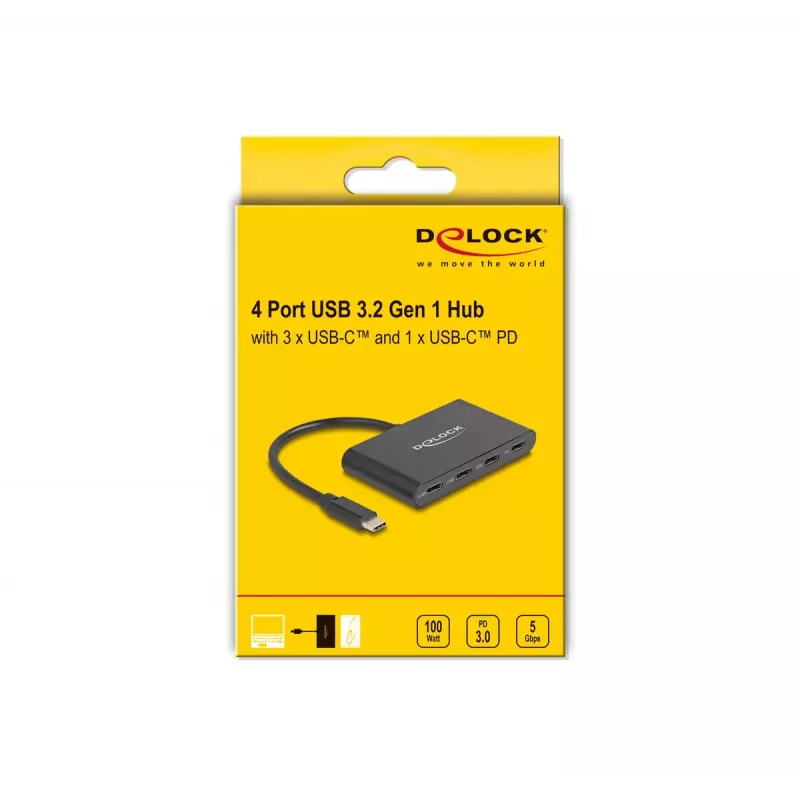 DeLOCK USB 3.2 Gen 1 USB Type-C -keskitin 3 x USB Type-C liitäntä 1 x USB Type-C PD 100W