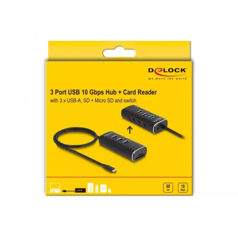 DeLOCK 3 portin USB-keskitin 10 Gbps SD- ja microSD-lukijalla Type-C 60 cm kaapeli