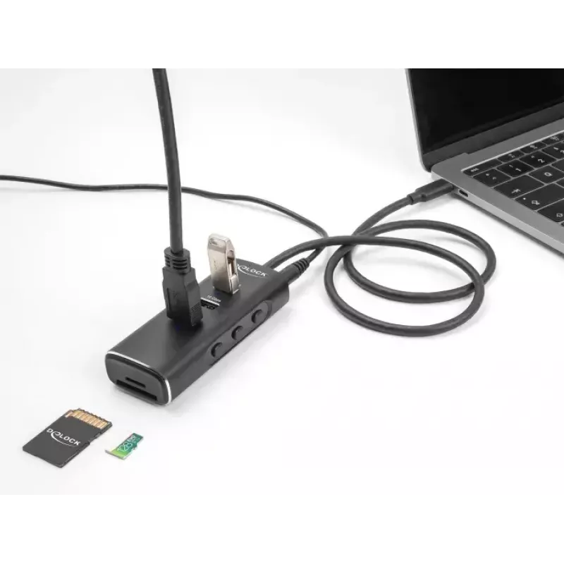 DeLOCK 3 portin USB-keskitin 10 Gbps SD- ja microSD-lukijalla Type-C 60 cm kaapeli