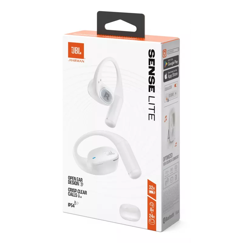 Headset JBL Sense Lite — langaton Bluetooth-korvanappikuuloke korvakoukulla, intraauraalinen, 20–20000 Hz, 83,5 g, valkoinen