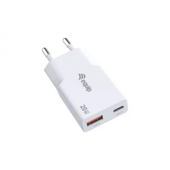 EQUIP 2-porttinen 20W GaN ohut USB PD -laturi — USB-C x1, USB-A x1, tulo 100–240V, lähtö 12V max., valkoinen