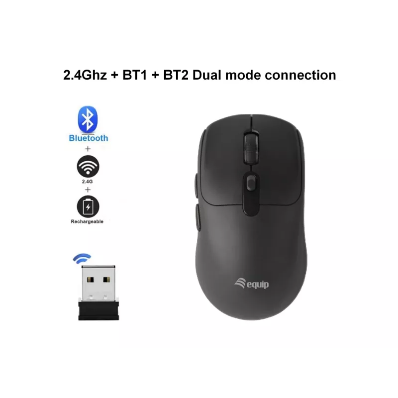 EQUIP molempikätinen 6-painikkeinen kaksitoiminen langaton hiiri, optinen 1600 DPI, RF + Bluetooth, musta