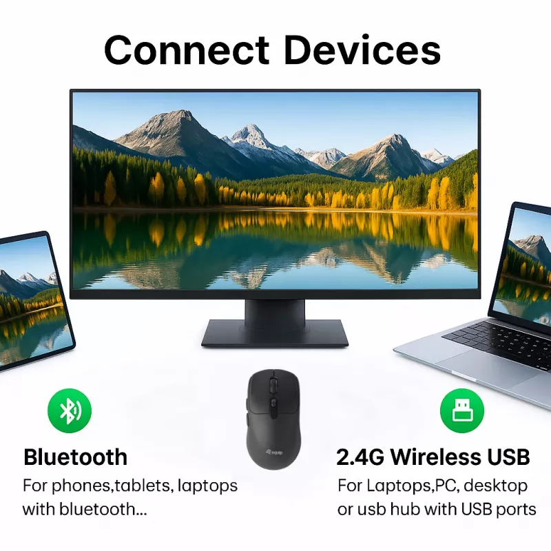 EQUIP molempikätinen 6-painikkeinen kaksitoiminen langaton hiiri, optinen 1600 DPI, RF + Bluetooth, musta