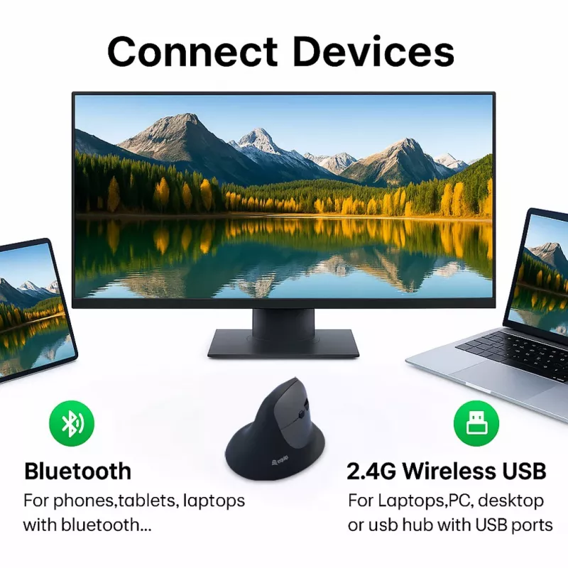 EQUIP ergonominen pysty langaton hiiri oikeakätisille, 1600 DPI, RF Wireless + Bluetooth, ladattava, 6 painiketta, musta