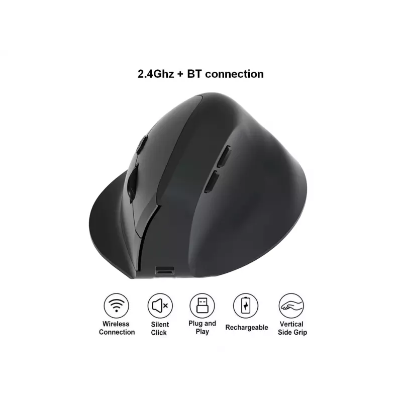 EQUIP ergonominen pysty langaton hiiri oikeakätisille, 1600 DPI, RF Wireless + Bluetooth, ladattava, 6 painiketta, musta