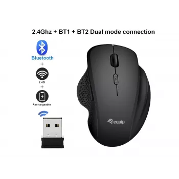 EQUIP 6-painikkeinen ladattava kaksitoiminen langaton hiiri – oikeakätisille, optinen 1600 DPI, RF Wireless + Bluetooth, musta