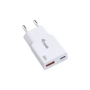 EQUIP 2-porttinen 30W GaN ohut USB PD -laturi — USB-C x1, USB-A x1, tulo 100–240V, lähtö 20V max., valkoinen