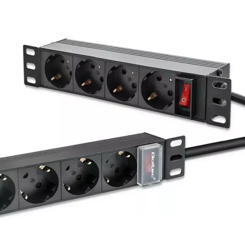 Pistorasia QOLTEC 54603 — 1U rack-asennettava, tulo 16A, 4× suojakosketinpistorasiaa