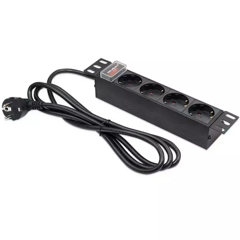 Pistorasia QOLTEC 54603 — 1U rack-asennettava, tulo 16A, 4× suojakosketinpistorasiaa