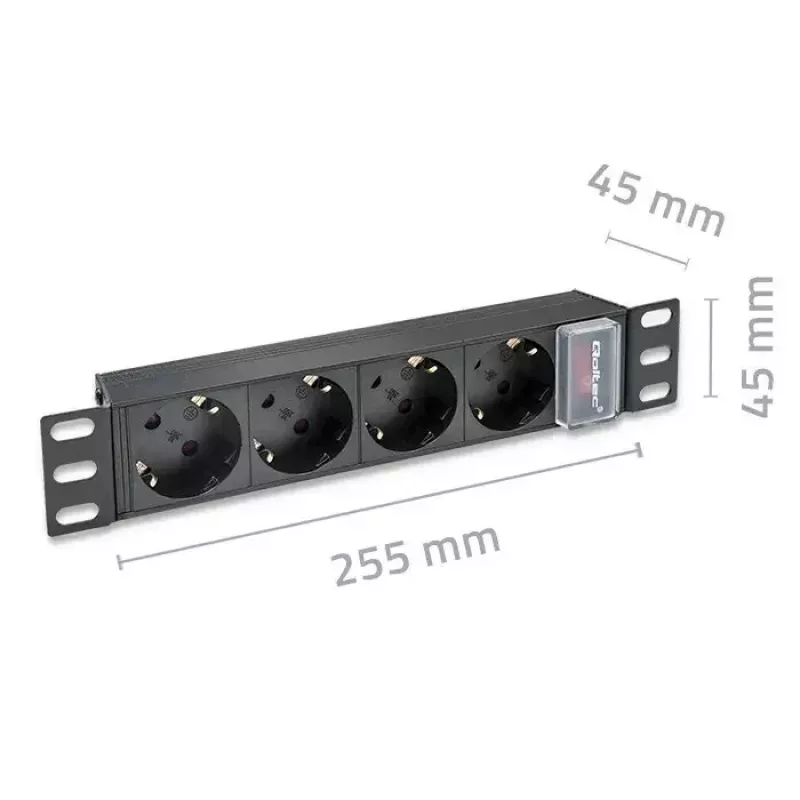 Pistorasia QOLTEC 54603 — 1U rack-asennettava, tulo 16A, 4× suojakosketinpistorasiaa